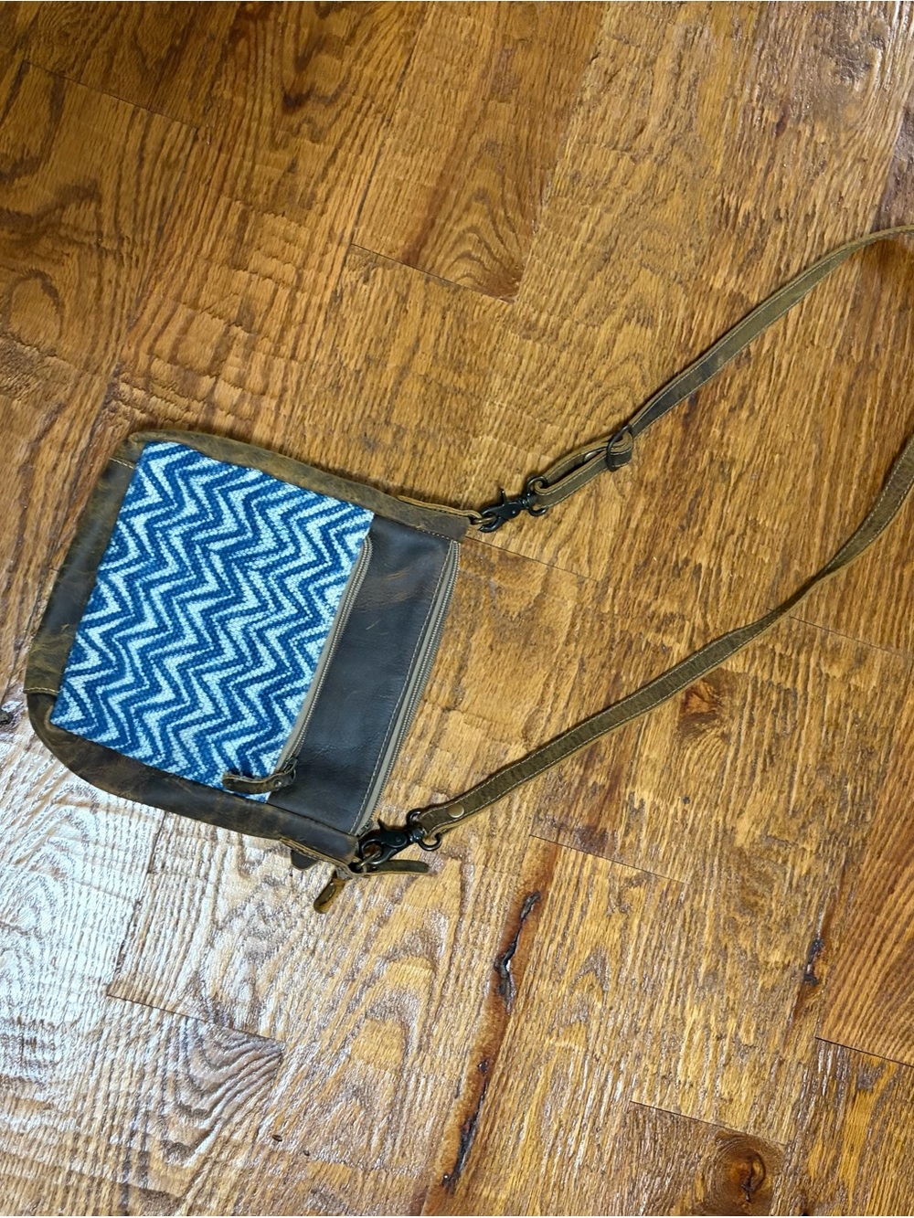 Myra Bag Blue Chevron and Brown Leather Crossbody